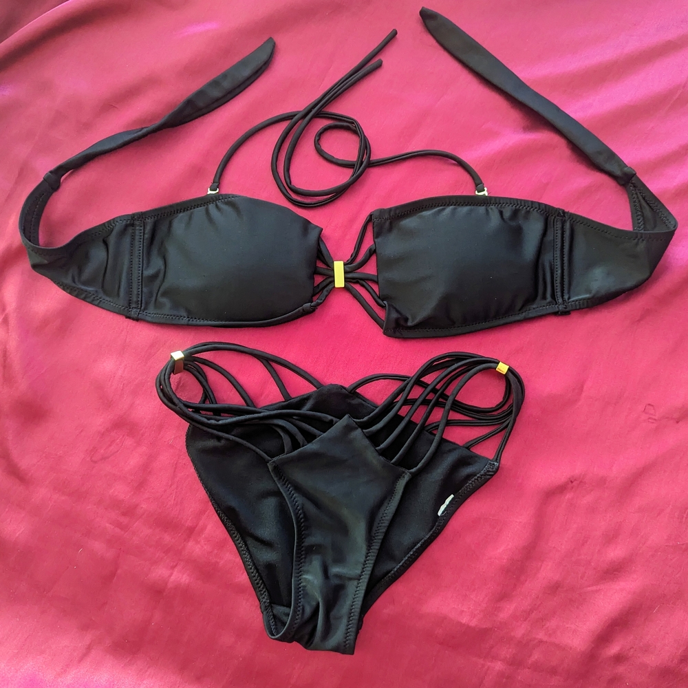 Black Sexy Multi String Bikini Size Small Gold Tone Accents